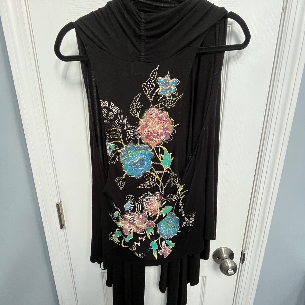 GUESS Y2K Flowy floral sleeveless open front Hi low Draped black M Festival